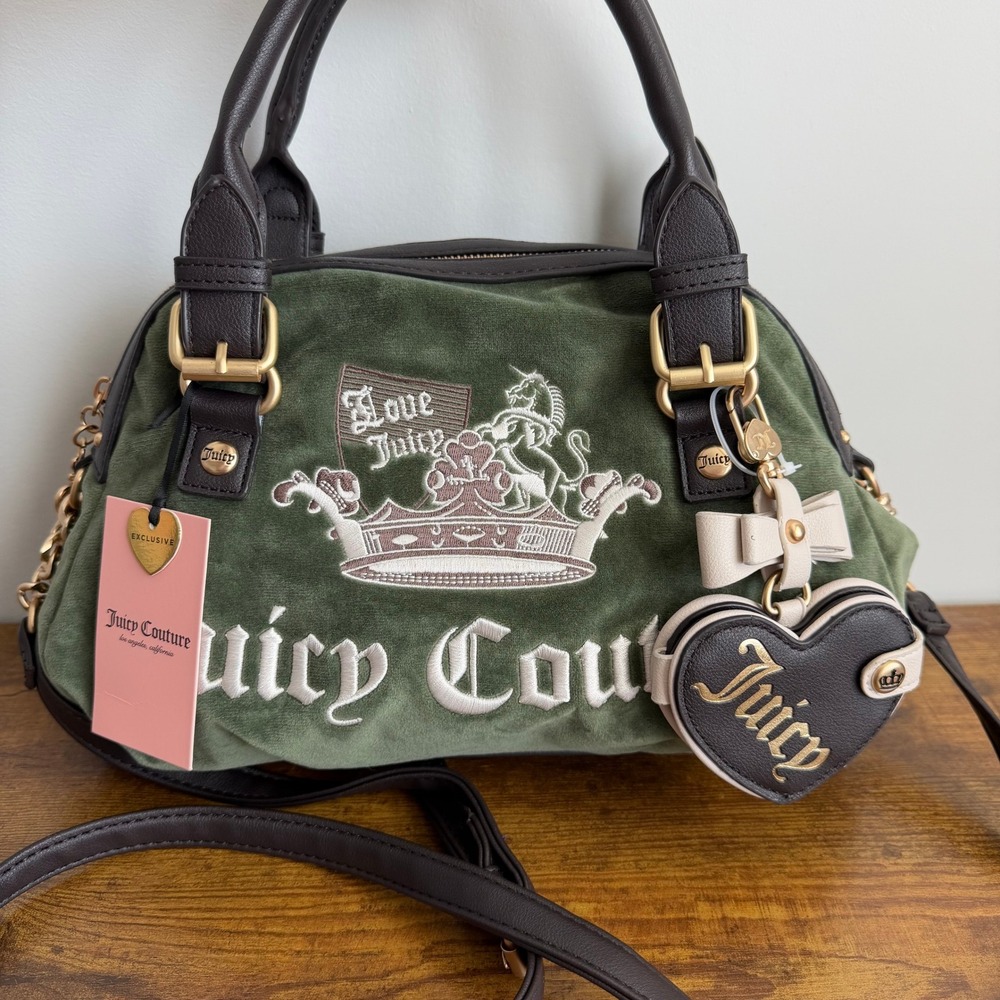 New Juicy Couture Juicy Crown Green Brown Satchel Crossbody Handbag Y2K Charm